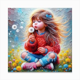 Cute Girl And Dandelions Canvas Print