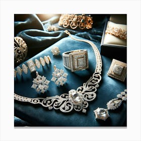 An Elegant Jewelry Display Featuring Exquisite Pieces Of Jewelry On A Plush, Deep Blue Velvet Background Canvas Print