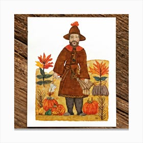 A Seasonal Autumn Greeting Card Joyfully Featuring A Cheerful Pilgrim Adorned In The Traditional Br Canvas Print