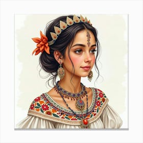 Spanish Girl With A Traditional Necklace, Watercolor With Detailed Patterns 1 Canvas Print