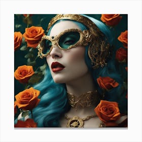 A Woman With Blue Hair And A Steampunk Mask, In The Style Of Byzantine Gold Leaf Accents, Dark Orang Canvas Print