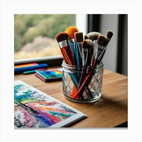 Watercolor Brushes On A Desk Canvas Print