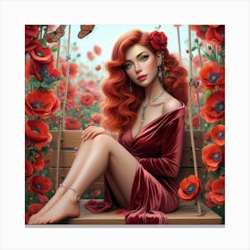 Red Haired Girl In Red Poppy Field Canvas Print