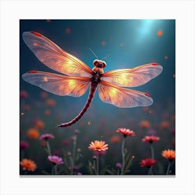 A Mythical Dragonfly With Wings Of Glowing, Fractal Colors Fluttering Through A Cosmic Meadow Canvas Print