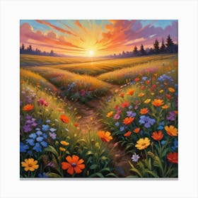 Wildflowers Sunset, Square Retro Art, Flower Fields Art Print 2 Canvas Print