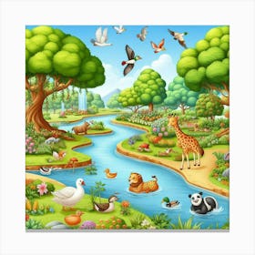 Cartoon Animals In The Park Canvas Print