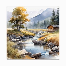 Watercolor Of A Mountain Stream Canvas Print