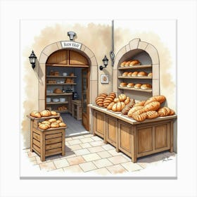 Watercolor Of A Traditional Italian Bakery With Fresh Bread And Pastries 1 Canvas Print