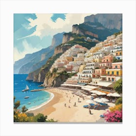 Positano, Amalfi Coast, Italy - Retro Landscape Beach and Coastal Theme Travel Poster Art Print 1 Canvas Print