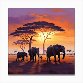 Family Of Elephants At Sunset paintings art print Canvas Print