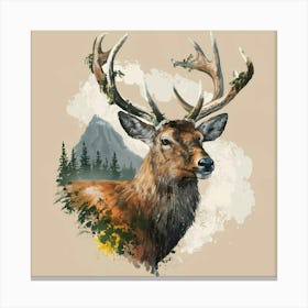 Captivating Stag Tattoo Design: Majestic Wildlife Art with Moss-Adorned Antlers, Wisdom-Gazing Eyes, and Nature-Inspired Background Canvas Print