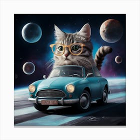 Cat Ride A Car With Glasses In Space Art Painting 2 Canvas Print