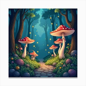 Enchanted Forest With Giant Mushrooms, Glowing Fireflies, And Whimsical Creatures 1 Canvas Print