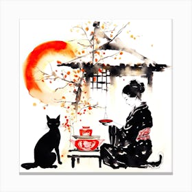 Geisha With Cat - Asian Woman With Cat Canvas Print