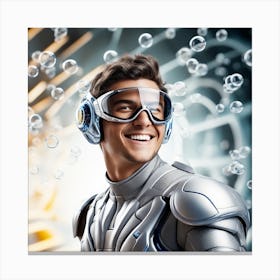 3d Dslr Photography, Model Shot, Man From The Future Smiling Chasing Bubbles Wearing Futuristic Suit Designed By Apple, Digital Helmet, Sport S Car In Background, Beautiful Detailed Eyes, Professional Award W (2) Canvas Print