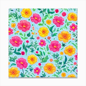 Watercolor Flowers On A Blue Background Canvas Print