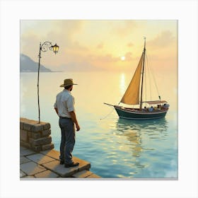 Charming Watercolor Of An Italian Fisherman At Dawn By The Tranquil Sea Canvas Print