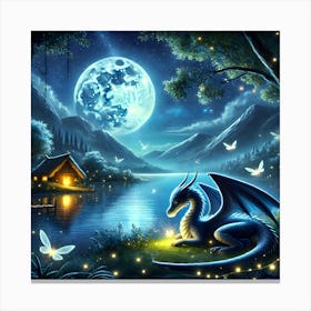 Serene Lake By Moonlight With A Friendly Dragon And Glowing Trees Canvas Print