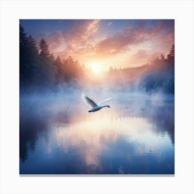 Swan Flying Over Blue Lake Wings Spread Wide Reflection On Water Dense Fog Swirling Around Sunse Canvas Print