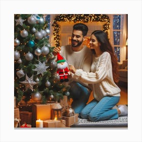 Happy Couple Decorating Christmas Tree Canvas Print