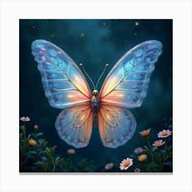 A Mythical Butterfly With Wings Of Translucent, Liquid Crystal Fluttering In A Starry Garden 1 Canvas Print