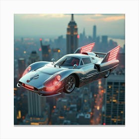 Chrome Flying Car With Glowing Wings, Hovering Above A Cyberpunk Metropolis 1 Canvas Print