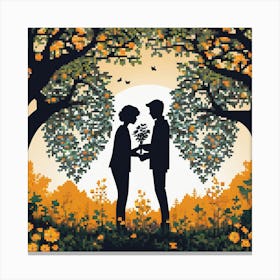 Couple Holding Hands Under Trees, Silhouettes Of Two People Hugging Surrounded By Elements Of Nature Flowers Trees Growing Canvas Print