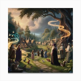 An Enchanting Fantasy Digital Painting Depicting An Elven Village With Woodland Creatures, Wizards, And Magic Visual Effects Portrayed In Jrr Tolkien Style Canvas Print