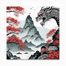 Chinese Dragon Mountain Ink Painting (60) Canvas Print