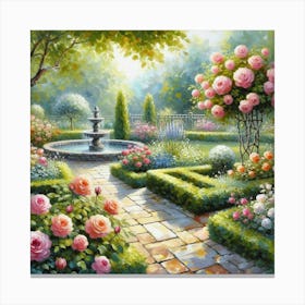 Rose Garden With The Fountain, Acrylic Style Painting 20 Canvas Print