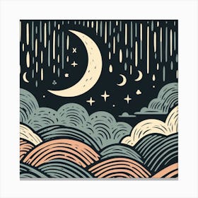 Linocut, Scandinavian Style, Night Sky with Crescent Moon 1 Canvas Print