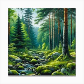 Stream In The Forest, Acrylic Painting Style 3 Canvas Print