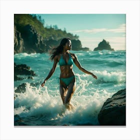 Woman In Bikini Running On Rocks Canvas Print