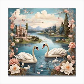 Lake and Swans in Boho Style 3 Canvas Print