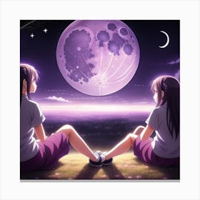 Two Girls Looking At The Moon Canvas Print