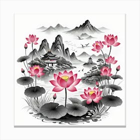 Chinese Landscape With Lotus Flowers, Pink, Black and White Canvas Print