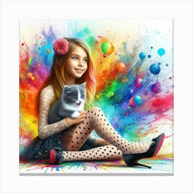 Colorful Girl With Cat 1 Canvas Print