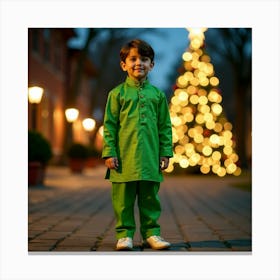 Boy In Green In Front Of A Christmas Tree Canvas Print