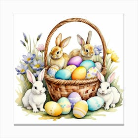 Easter bunnies cozy up in a basket, with pastel-toned eggs scattered around, surrounded by flowers, watercolor painting style Stampe su tela