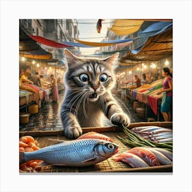 Cat At The Fish Market 2 Canvas Print