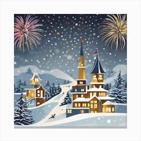 Christmas Village With Fireworks Canvas Print