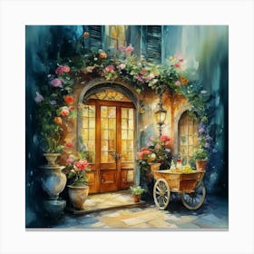 Quiet and attractive dining nook, overgrown flowers, high quality, detailed, highly 3D, elegant carved cart, 11 Canvas Print