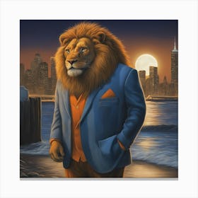 Lion In Beach Suit At Night, Downtown New York, By Vladimir Loz, In The Style Of Surrealistic Elemen (1) Canvas Print