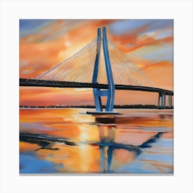Sunset over the Arthur Ravenel Jr. Bridge in Charleston. Blue water and sunset reflections on the water. Oil colors.12 Canvas Print