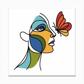Picasso’s Muse: A Colorful Line Art of a Woman and a Butterfly Canvas Print