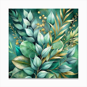 Watercolor Painting Of Green And Gold Leaves 1 Canvas Print