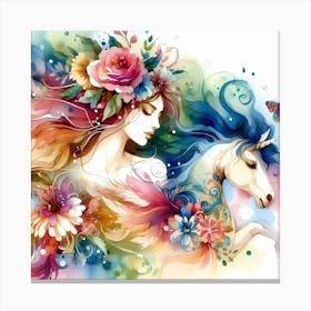 Unicorn Girl With Flowers Canvas Print