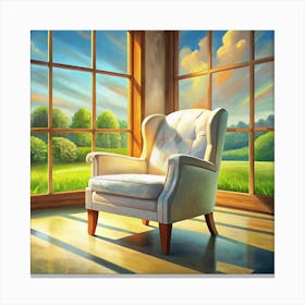 White Armchair In A Corner Room With Large Windows Canvas Print