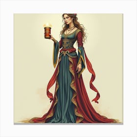 Elegant Sorceress With An Ancient Tome, Watercolor 1 Canvas Print