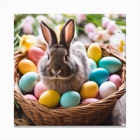 Easter Bunny In A Basket Of Colored Eggs Canvas Print